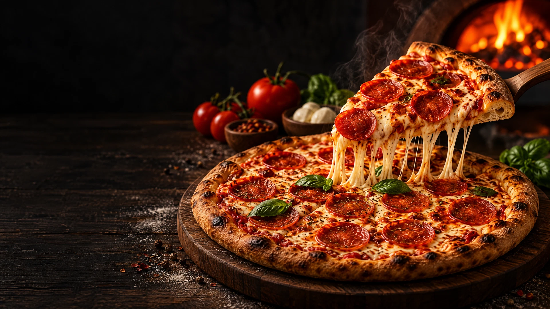 Pizza de pepperoni saindo do forno